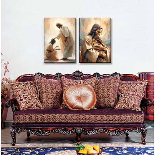 2Pcs Christian Wall Art Jesus Hug Woman Wall Decor Safe Haven Poster Canvas Print Christian Spiritual Painting Bible Art Picture Jesus and Girl Mural for Living Room Bedroom Office 12x16in Canvas - size: 12L" x16W"