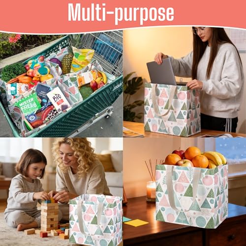 VENO 4 Pack Large Grocery Bag Reusable Shopping Bags with Hard Bottom - color: A - Pastel Forest