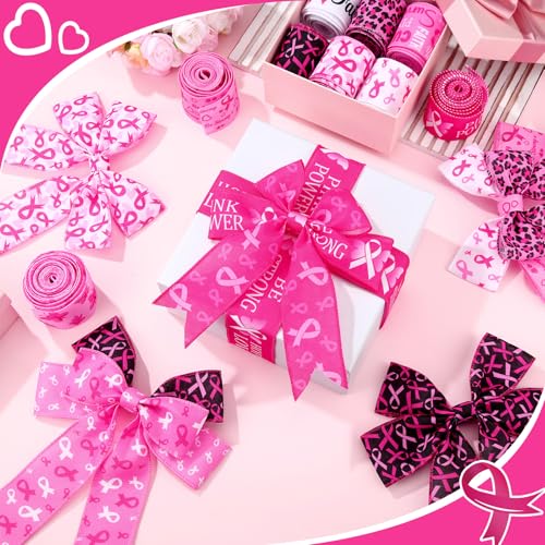 12 Rolls 60 Yards Breast Cancer Wired Ribbon Pink Butterfly Bows - style: Breast