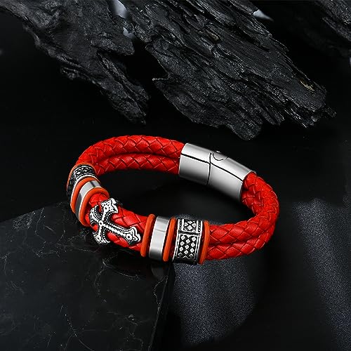 Mens Christian Cross Double Row Leather Bracelet, Religious Braided Cuff Bracelet for Men - color: Red, size: 8.5 inches