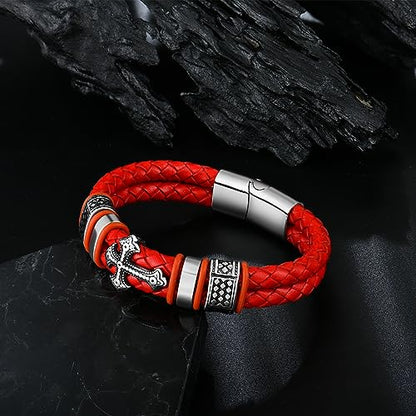 Mens Christian Cross Double Row Leather Bracelet, Religious Braided Cuff Bracelet for Men - color: Red, size: 8.5 inches
