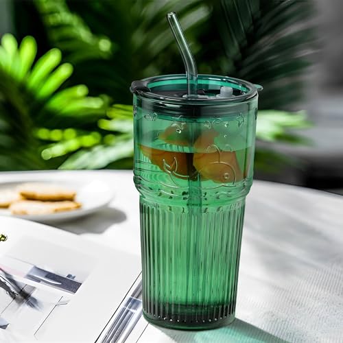 Joeyan Green Glass Tumbler with Lid and Straw,Embossed Iced Coffee Cups with Whale Pattern,Colored Striped Drinking Jars,Water Juice Beverages Soda Glasses,18.5 oz,Set of 2,Dishwasher Safe - color: Green-3