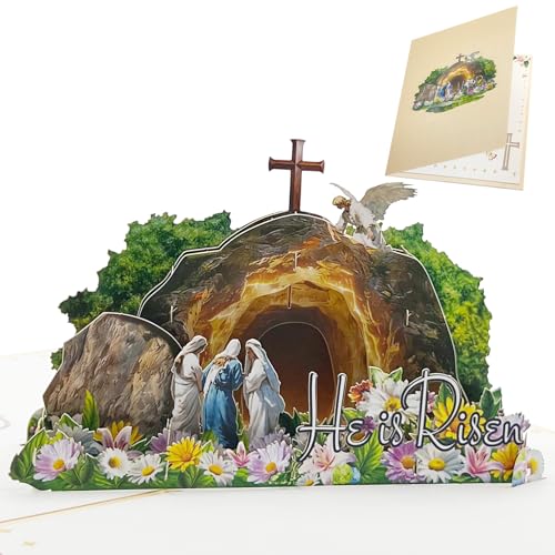 He Is Risen 3D Pop‑Up Easter Card – Christian Religious Greeting Card with Empty Tomb Scene, Cross & Floral Artwork – Scripture‑Inspired Easter Gift for Family, Friends, Church Members - color: YL301-3D
