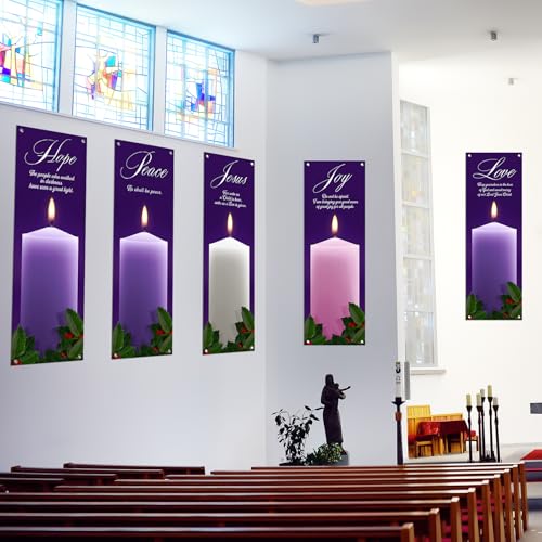 5Pcs 2x6 Ft Religious Church Banner with Scripture Christian Candles Banner for Sanctuary Wall Hope Peace Joy Love Jesus Prayer Flag Welcome Religious Praise Hanging Signs Decor for Holiday Church - size: 2x6Ft