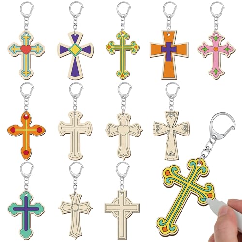 Yuntau 24 Pcs Sunday School Cross Crafts, Religious Wooden Keychains - style: Religious Cross