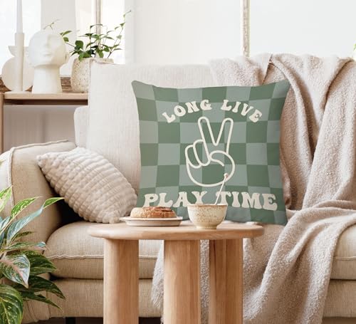 Voatok Playroom Pillow Cover 18x18, Kids Room Decor, Long Live Playtime Green Checkered Decorative Throw Pillow Cover Pillowcases Decorations for Kids Boy Nursery Room Playroom Sofa Bed Couch Decor - color: Play Time-1