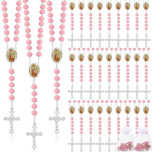 Taiyin 36 Pcs Wooden Bead Rosary Necklace with Crucifix and Our Lady of Guadalupe Scented First Communion Rosary with 36 Organza Bags Baptism Favors Catholic Gift for Men Women - color: Pink