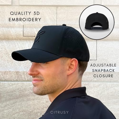 CITRUSY Athletic Trucker Golf Hat | Performance Mens 5 Panel Cap | Cool Breathable Waterproof Workout Running Snapback - color: Signature C. | Black