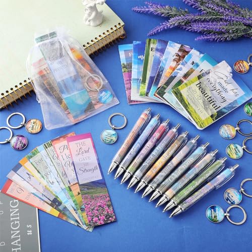 Jetec 150 Bible Verses Gift Set for 30 Christian Bookmarks 30 Scripture Ballpoint Pens 30 Christian Notebooks 30 Bible Verse Keychain 30 White Organza Bags for Women Men Office Church(Scenery) - style: Scenery