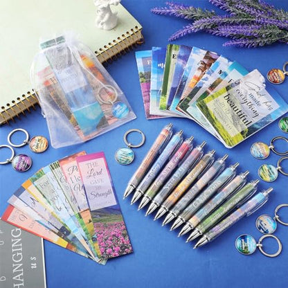 Jetec 150 Bible Verses Gift Set for 30 Christian Bookmarks 30 Scripture Ballpoint Pens 30 Christian Notebooks 30 Bible Verse Keychain 30 White Organza Bags for Women Men Office Church(Scenery) - style: Scenery