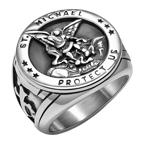 Saints Michael Ring for Men, 18K Gold Plated/Black Metal, St. Michael San Miguel The Great Protector Archangel Defeating Satan Figurine Stainless Steel Amulet Rings, Size 7-14, Send Gift Box - color: A-Silver
