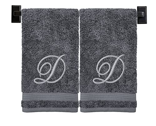 Grey Hand Towels for Bathroom - Monogrammed | Luxury Cotton Turkish Towels | Embroidered in USA | Set of 2 | Choose Set Color and Letter | A - Z | Script Font - color: Grey