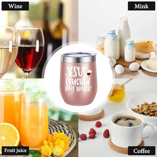 ATHAND 12oz Jesus Touched My Water Stainless Steel Wine Tumbler with Lid - color: Jesus Touched My Water Wine Tumbler-Rose Gold