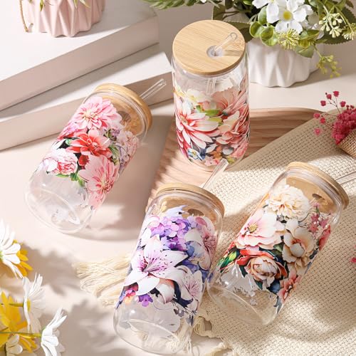 Mumufy 4 Pack Bloom Floral Glass Cup, 16 oz Tumbler Mug with Bamboo Lid - style: Bloom Floral