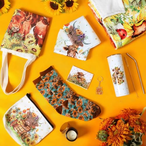 10 Pcs Highland Cow Gifts Set for Women Sunflower Cattle Tumbler Towels Cosmetic Bag Candle Pen Throw Blanket Socks Cards Keychain Handbag for Mom Staff Employee Cow Lover Birthday Gifts - style: Highland Cow