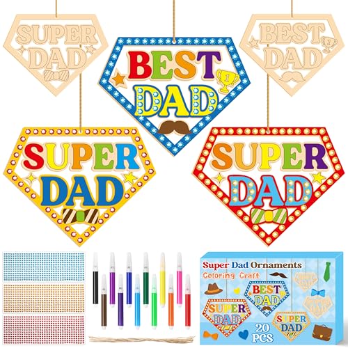 BeYumi Fathers Wooden Ornament Craft - 20Pcs Father's Day Wooden Craft for Kids Super DAD Ornaments Diamond-Shaped with Gem Stickers DIY Best DAD Kit Make Your Own Art Gifts School Classroom Home - style: Super Dad