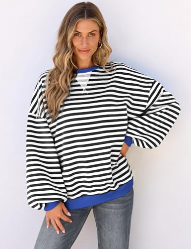 UEU Women Oversized Striped Crewneck Sweatshirt Long Sleeve Casual Pullover - color: Black Striped, size: Large