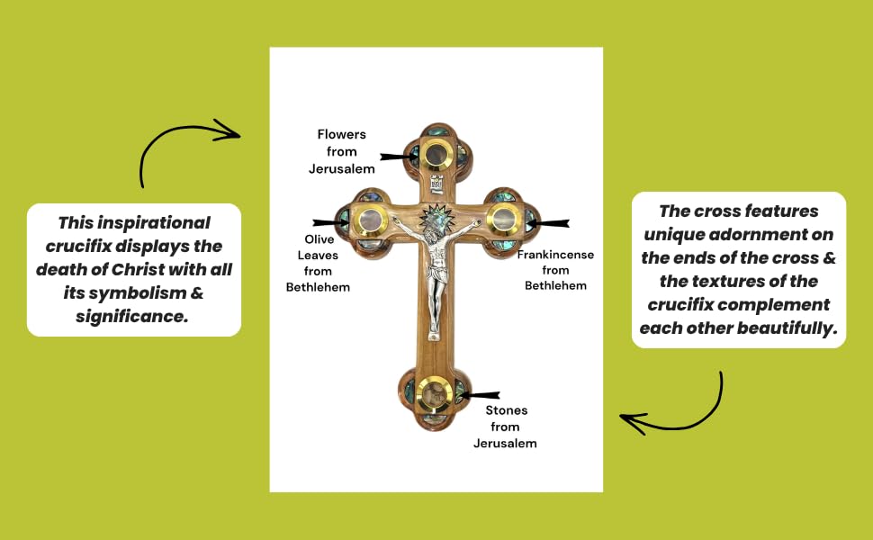iHoly Land Crafts Catholic Wall Crucifix, Mother of Pearl & Relics, 11"x 7" - size: 11"L x 7"W