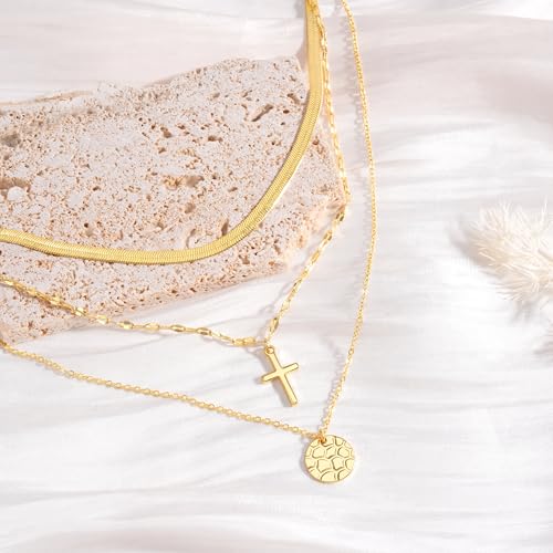 Turandoss Layered Cross Necklaces Stack for Women Girls, Christian Gift - color: Cross-Flat Snake