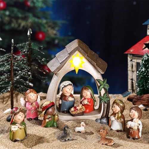 Nativity Set & Figures, 12 Pieces Small Christmas Nativity Scene with LED Light Resin Lighted Tabletop Nativity Indoor Decor Includes 1 Manger and 11 Figurine (Mini Figure)