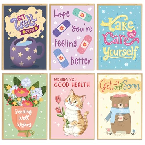 Ogeby 24 Pack Get Well Cards Set with Envelopes & Stickers, Cute Encouragement Cards for Friend Family Coworker, 6 Assorted Designs with Heartfelt Message Inside, 4x6 Inch