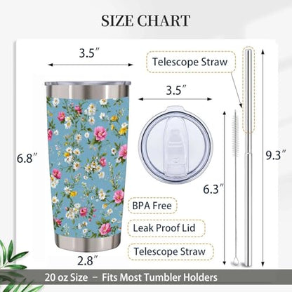 Blue Floral Tumbler 20 oz, Insulated Stainless Steel Travel Mug with Lid and Straw, Wildflower Coffee Cup for Women, Spring Daisy Flower Tumbler, Birthday Gift for Mom Wife Friend - color: Cute Wildflower