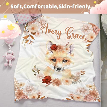 Personalized Baby Fox Blanket for Girls with Name - color: Fox