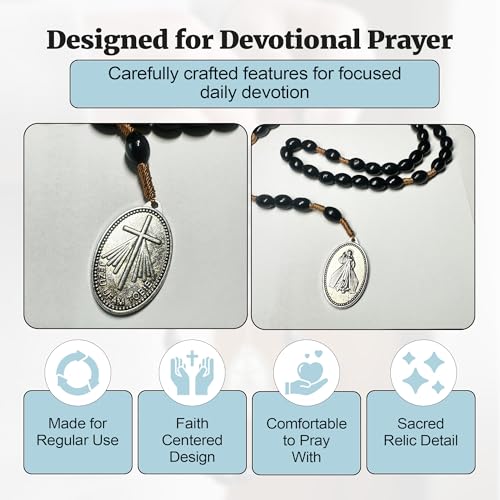 SANCTUM VERITAS Saint Faustina Kowalska True Relic Chaplet Apostle Divine of Mercy Miraculous Medal Jesus I Trust in You Chaplet Three O' Clock Prayer Poland Polish Novena - color: Black on the Cord