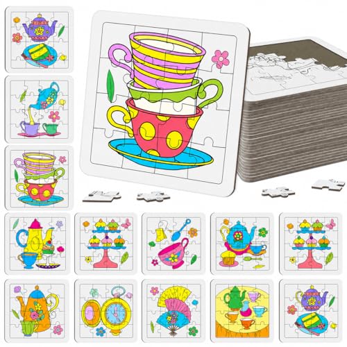 Cinrobiye 24 Pcs Tea Party Coloring Jigsaw Craft Kit for Kids, DIY Floral Teapot Activity Set Bulk with 12 Designs, Afternoon Tea Birthday Favors, Classroom Art Projects - color: Tea