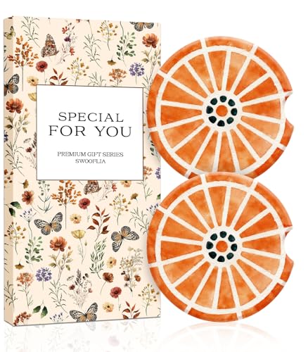 Swooflia 2 Pack Absorbent Ceramic Car Coasters for Women - color: Orange Lemon