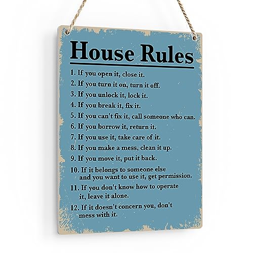 House Rules Wooden Hanging Sign, Farmhouse Living Room Home Decor Wall Art, Inspirational Family Quote, 8 x 10 Inches - color: House Rules
