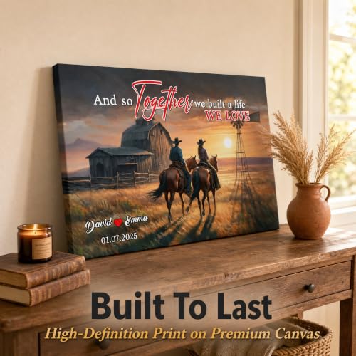 Ipplee Personalized Romantic Cowboy Couple on Horse Sunset Canvas Wall Art - color: Design20
