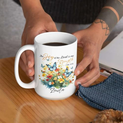Butterfly And Flowers Design Mug, Custom Name Christian Themed Mug, Customized Bible Verse Bible Verse Mug, Personalized Inspirational Cup 11Oz Or 15Oz, Gifts For Christian Women - color: TRI-1223-1148-GOD IS MY STRENGTH MUG