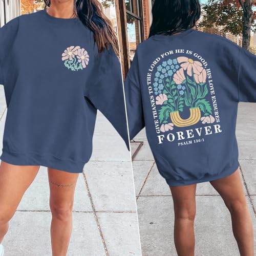 KEEVICI Women Christian Jesus Faith Sweatshirts Bible Verse Flower Floral Sweatshirt Religious God Graphic Oversized Hoodie - color: Gray Blue, size: Small