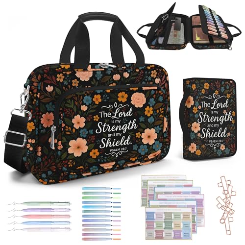 Floral Bible Cover for Women, Large Bible Bag Carrying Case with Shoulder Strap Bible Study Supplies Journaling Kit Book Carrying Case with Pens Highlighters Cross Clips Tabs Christian Gift - color: Black Floral
