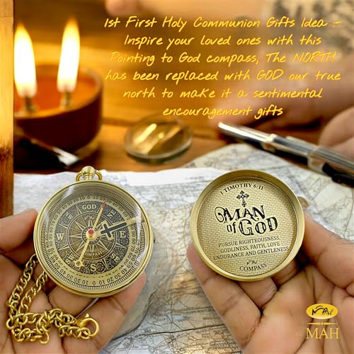 Handmade Religious Brass Compass Gift with Engraved & Embossed Faith Messages – Inspirational Christian Religious Gift Keepsake for Baptism, Confirmation, Christening, First Communion or Christmas - style: Man of God – Edition 2