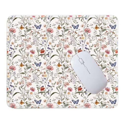 Mouse Pad for Desk with Stitched Edge, Premium Cute Washable Mouse Pads. Computer Mousepad with Non-Slip Rubber Base, Mousepads for Laptop, 9.25x7.75x0.12 inch (Floral Butterflies) - color: Floral Butterflies