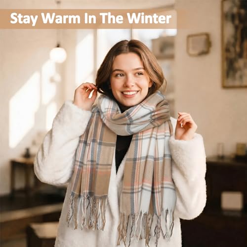 Loritta Winter Scarf for Women, Long Plaid Shawl Wraps Scarves Gifts - color: E-brown Beige Lattice
