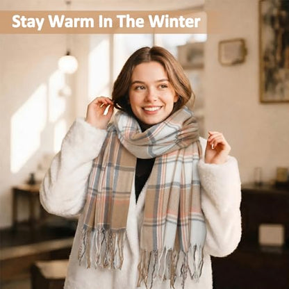 Loritta Winter Scarf for Women, Long Plaid Shawl Wraps Scarves Gifts - color: E-brown Beige Lattice
