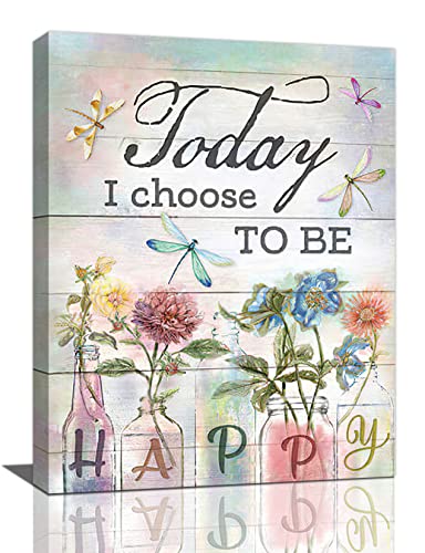 yerretin Floral Bathroom Wall Art Country Flower Dragonfly Pictures Wall Decor Rustic Canvas Print Painting Artwork Home Decorations for Bedroom Living Room Office Framed 12"x16" - color: to Be Happy, size: 16"L x 12"W