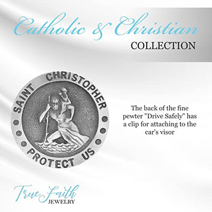 True Faith Jewelry Round Pewter St Christopher Medal Visor Clip for Car, Patron Saint of Travelers, Gift for New Driver, Fine Pewter (92% Tin), 1-1/2 x 1-1/2 Inch - size: St. Christopher (Round) 1