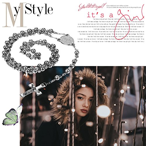 Rosary Beads Cross Necklace for Women Men, Stainless Steel Lords Prayer Long Chain Necklace Jewelry Gifts Y Necklace - color: SILVER-6mm