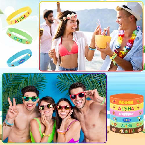 JUNEBRUSHS 42pcs Hawaiian Party Favors Silicone Wristbands Rubber Bracelets for Summer Beach Hawaii Luau Baby Shower Party Supplies Goodie Bag Stuffers Fillers - style: Hawaiian Style