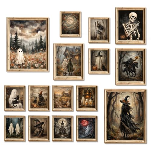 TWNSLLA Vintage Halloween Wall Art Dark Academia Decor for Home,Cute Ghost Pictures Wall Decor Moody Gothic Posters for Room Aesthetic,Creepy Halloween Art Prints for Bedroom Bathroom,Unframed - color: Witchy