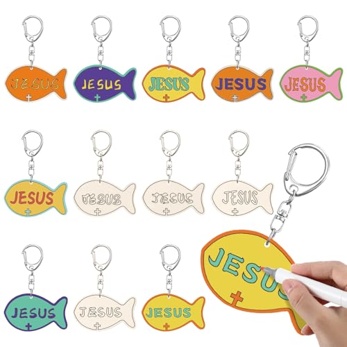 Yuntau 24 Pcs Jesus Faith Fish Keychain Crafts, Vbs Wooden Craft - style: Jesus Fish