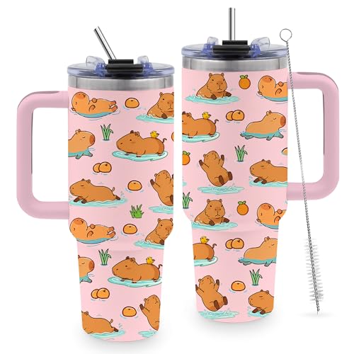 40 Oz Capybara Tumbler Gifts for Women, Capybara Water Bottle with Handle - color: Capybara-Pink