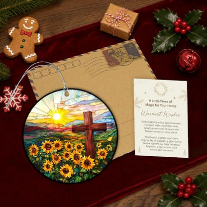 Christian Gifts for Women, Cross Suncatcher Sunflower for Christmas Tree - color: Natural Cross