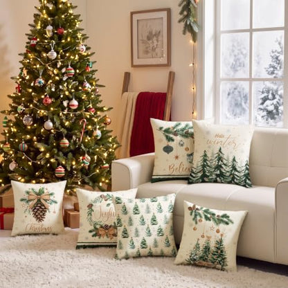FuWeave 6 Set Christmas Throw Pillow Covers 18x18 Inch Neutral Winter - style: Christmas Tree