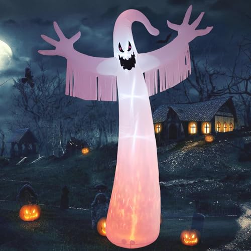 12FT Halloween Inflatables Outdoor Decorations: Inflatable Ghost with Fire Flame and Blinking Red Eyes, Blow up Decor for Yard Garden Lawn Home Holiday Party - style: White Ghost