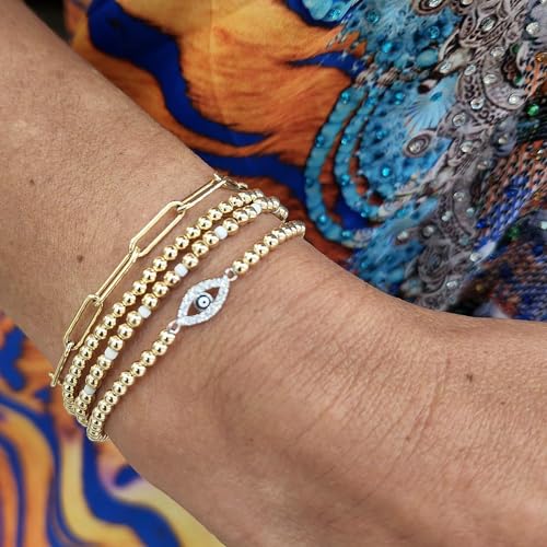 Gold Bracelets for Women 14K Gold Plated Bead Bracelet Hypoallergenic Stretch Bracelets for Women Elastic Bracelet Trendy Teen Gift Dainty Jewelry for Women - style: Evil Eye